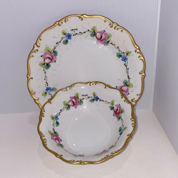 Vintage Tirschenreuth 1838 Germany Gold Trim Hand Painted Porcelain Dish & Plate - Picture 1 of 13